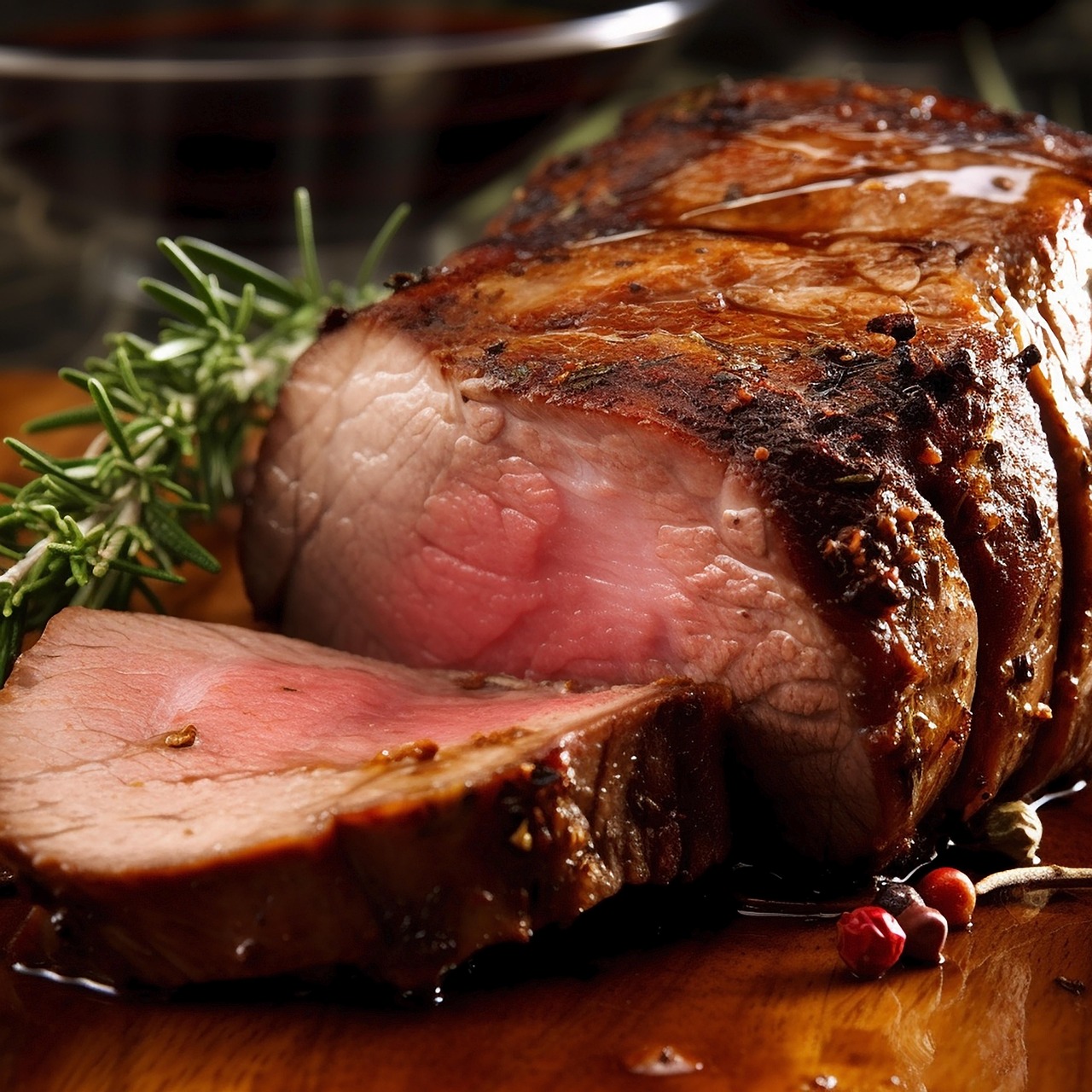 Un arrosto succulento su un piatto, circondato da contorni colorati e decorato con erbe fresche.