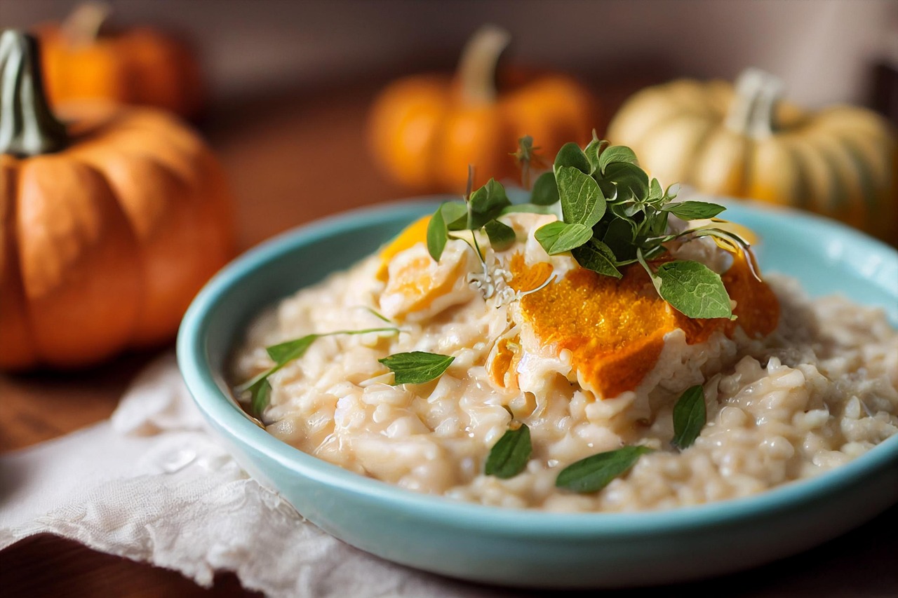 Immagine di un risotto cremoso impiattato con decorazioni gourmet da uno chef stellato.