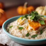 Risotto cremoso con brodo caldo, piatto fumante decorato con prezzemolo fresco.